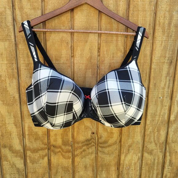 Cacique Black White Plaid Lightly Lined Balconnette Bra Womens Size 44H - Picture 1 of 9